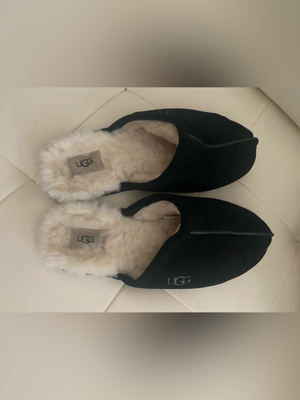 UGG Men’s  Black Suede Slip-On Slippers with Cream Shearling Lining